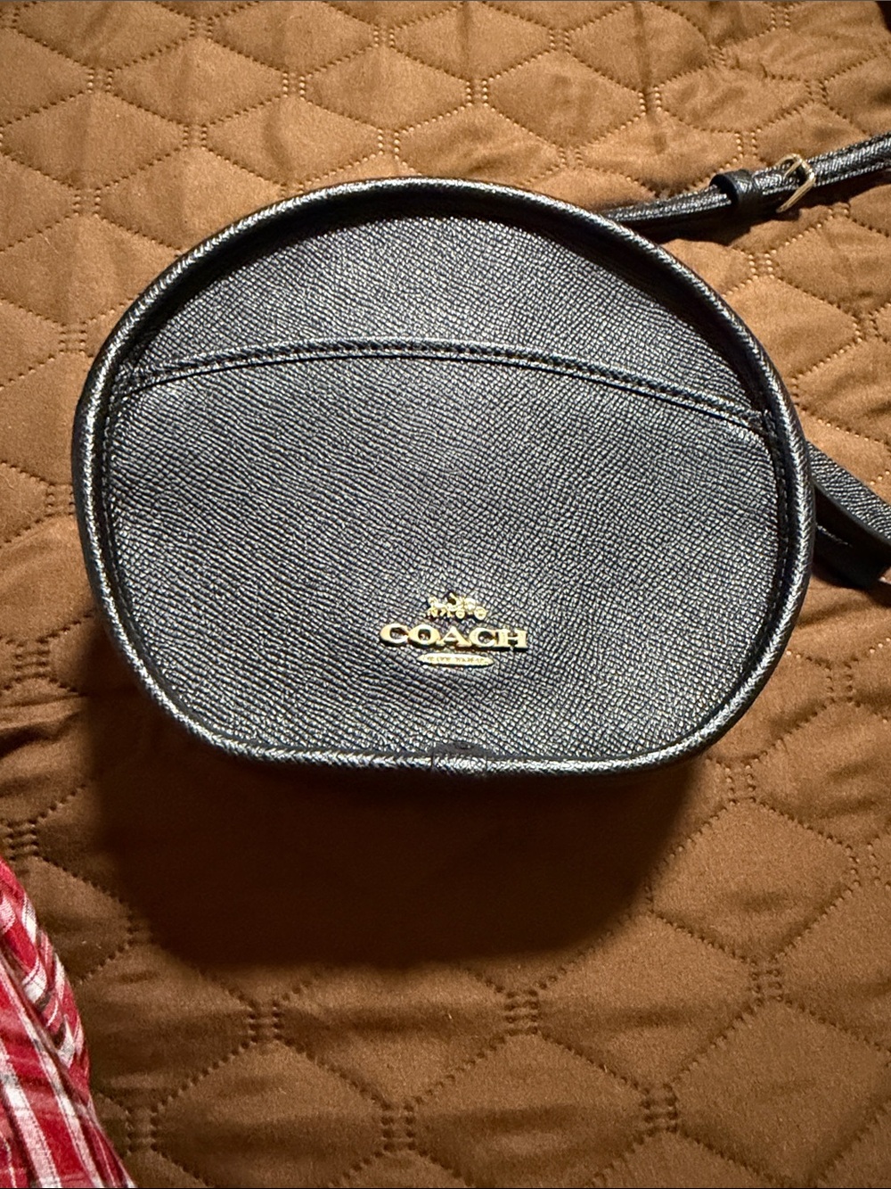 Coach Black Pebbled Leather Round Crossbody with Gold Hardware